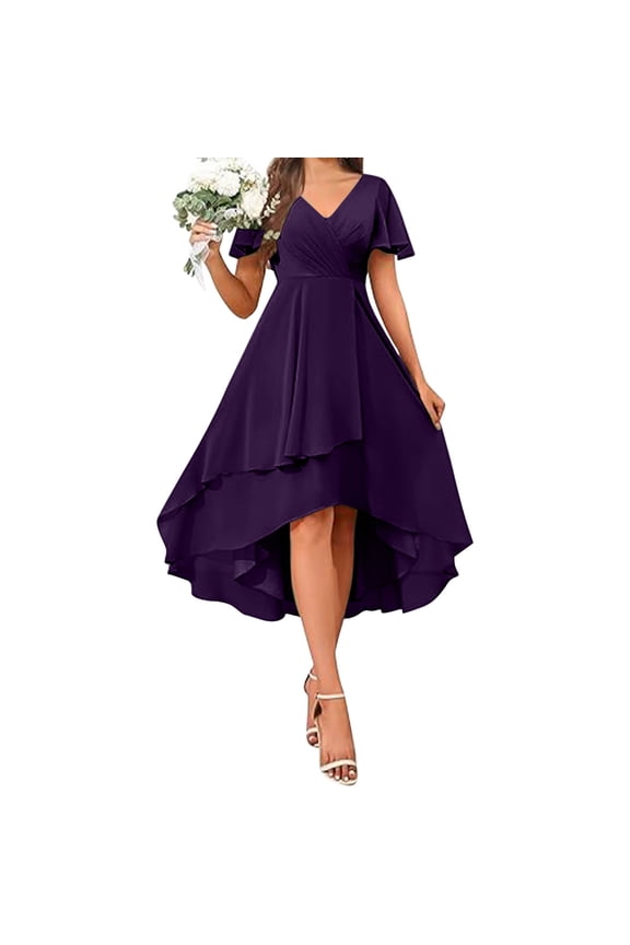 Womens Short Bridesmaid Dresses Chiffon A Line Flutter Sleeve High Low Ruched Bust Wedding Guests Formal Evening Party Gown 2025 Purple,L