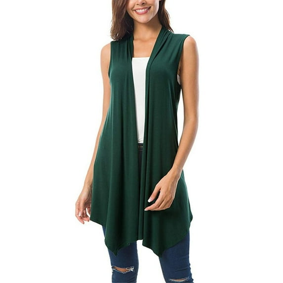 nerohusy Womens Sleeveless Draped Open Front Cardigan Summer Fall Cotton Vest Lightweight Irregular Hem Coat with Side Pockets Army Green,XXL
