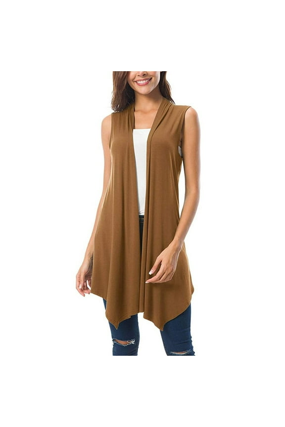 Womens Sleeveless Draped Open Front Cardigan Summer Fall Cotton Vest Lightweight Irregular Hem Coat with Side Pockets Coffee,XL