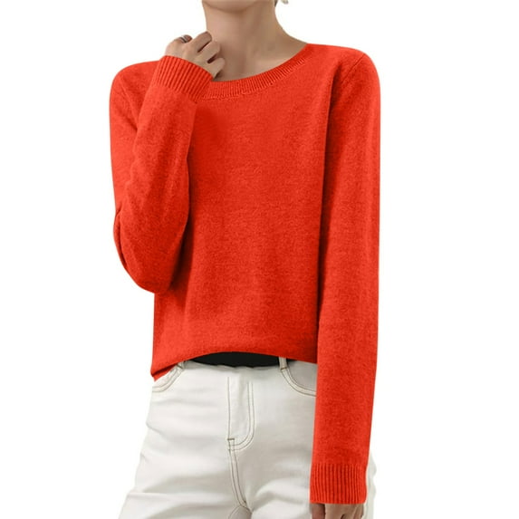 nerohusy Womens Sweaters Long Sleeve Crew Neck Ribbed Knit Tops Pullover Lightweight Wool Sweater Soft Cozy Warm Jumper 2025 Orange,M