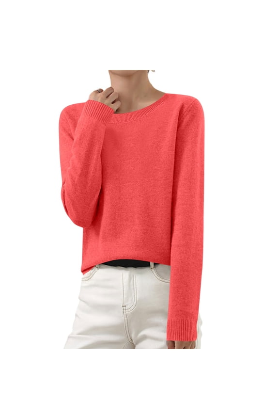 Womens Sweaters Long Sleeve Crew Neck Ribbed Knit Tops Pullover Lightweight Wool Sweater Soft Cozy Warm Jumper 2025 Watermelon Red,M