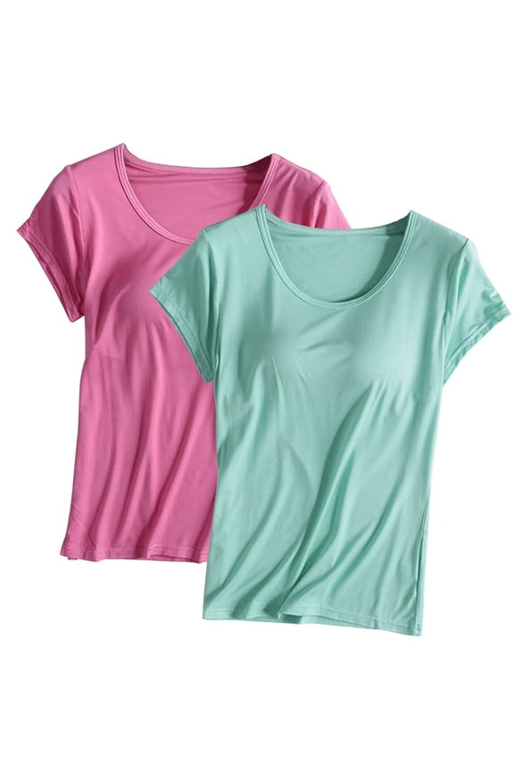 Womens Tops with Built in Bra Pack of 2 Short Sleeve Modal Bra Basic Tees Yoga Tops Padded Tshirt Workout Sports Shirts Blouses 2025 Hot Pink,L