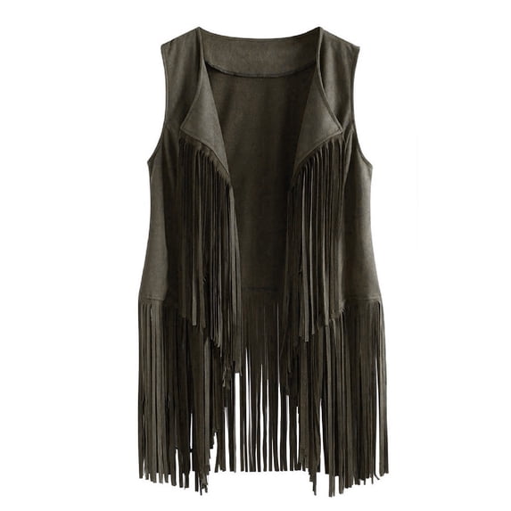 nerohusy Womens Vintage Western Tassel Fringe 70s Cowboy Suede Leather Cardigan Top Green,S