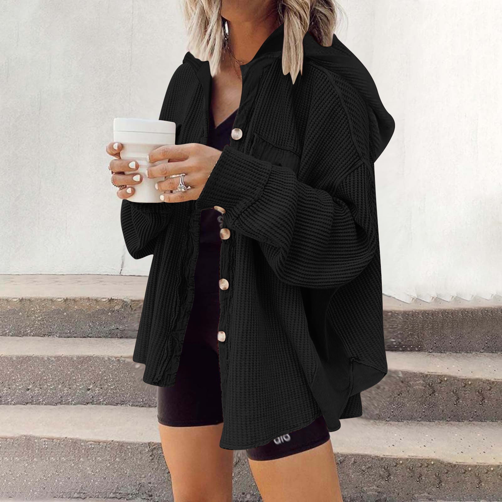 nerohusy Womens Waffle Knit Plaid Shacket Boyfriend Button Down Shirt Hooded Jacket Lightweight Loose Long Sleeve Tops 2024 Black,XXL