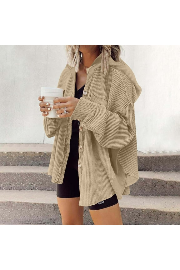 Womens Waffle Knit Plaid Shacket Boyfriend Button Down Shirt Hooded Jacket Lightweight Loose Long Sleeve Tops 2024 Khaki,XXL