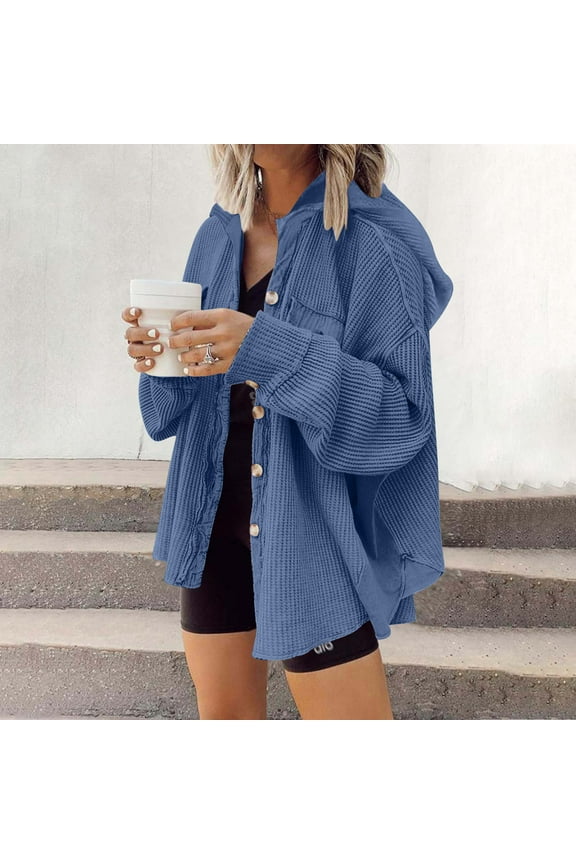Womens Waffle Knit Plaid Shacket Boyfriend Button Down Shirt Hooded Jacket Lightweight Loose Long Sleeve Tops 2024 Navy,L