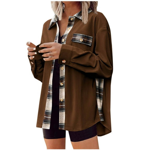 nerohusy Womens Waffle Knit Shacket Fall Jackets Oversized Hooded Shirt Jacket Fall Outfits Button Down Shirts 2024 Brown,M