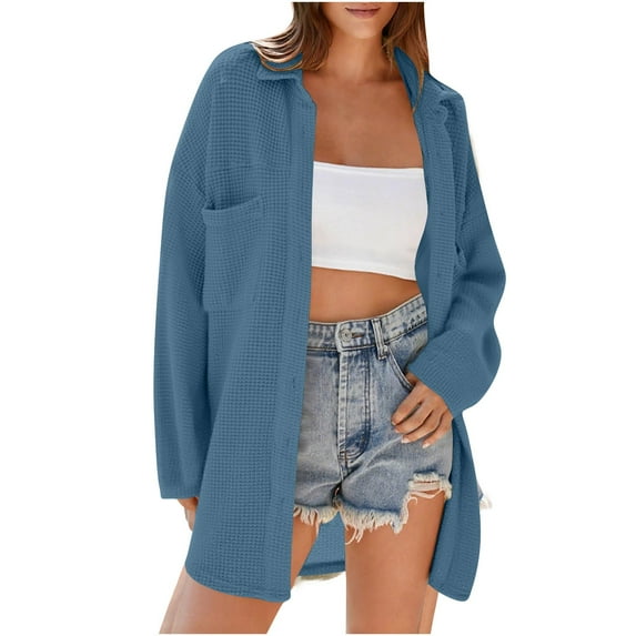 nerohusy Womens Waffle Knit Tops Oversized Loose Casual Drop Shoulder Long Sleeve Button Down Shirts Lapel V Neck Blouses with Pocket Blue,XXL