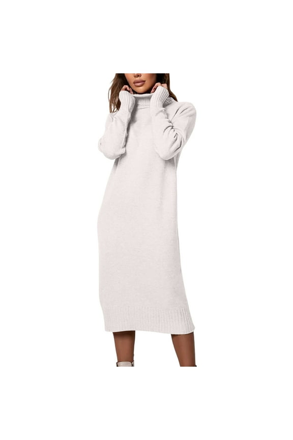 Womens Winter Sweater Maxi Dress Oversized Turtleneck Long Sleeve Sweater Pullover Dress for Women Loose Knit Shift Dress White,L