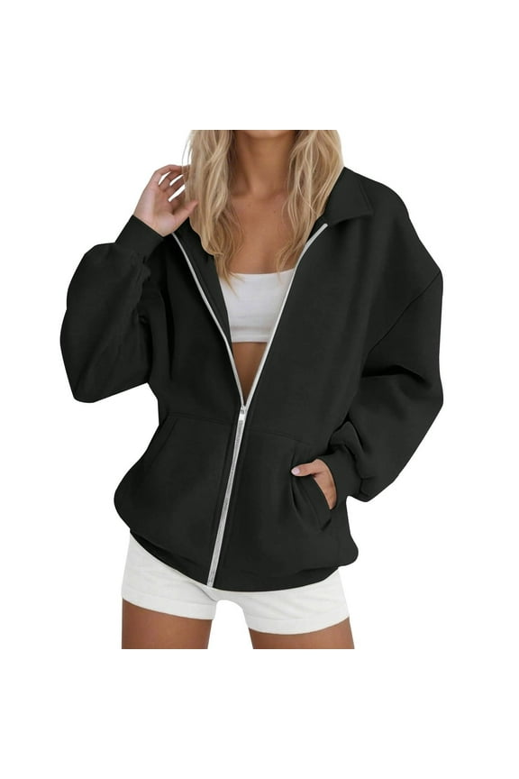 Womens Zip Hoodies Oversized Fall Cropped Long Sleeve Hooded Sweatshirts Casual Y2K Jacket 2025 Preppy Hoodies Black,S