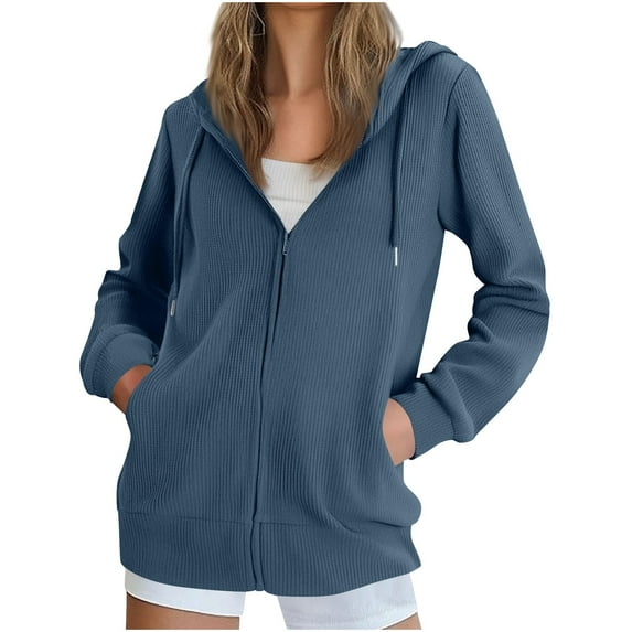 nerohusy Womens Zip Jacket Waffle Knit Sweater Oversized Comfort Lightweight Hooded Sweatshirt Jacket Coat with Pockets Blue,L