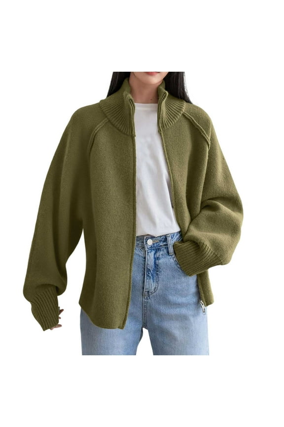 Womens Zipper Cardigans Jacket Turtleneck Zipper Cardigan Casual Loose Tops Fall Winter Thicken Open Front Sweater Outwear 2025 Green,Free Size