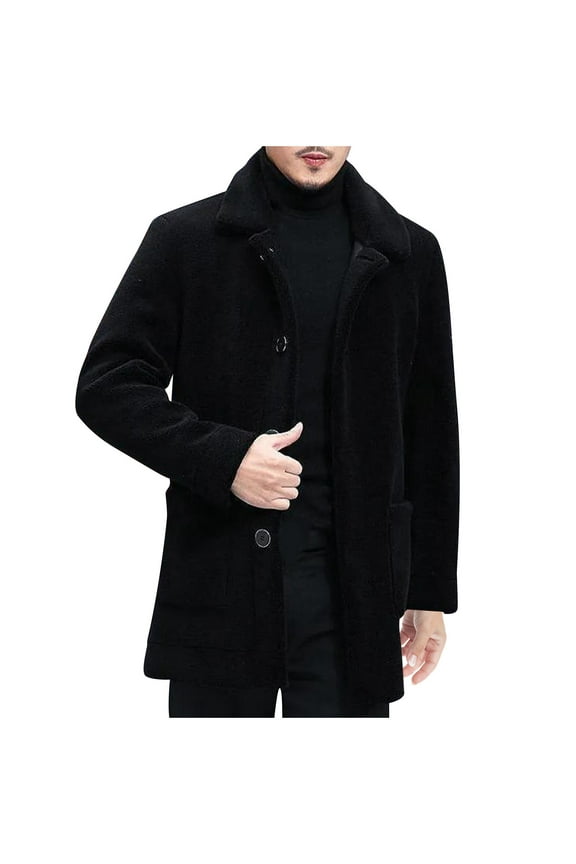 Wool Pea Coats for Men Winter Fleece Lined Slim Fit Casual Single Breasted Trench Coat Mid-Length Thermal Business Peacoat 2025 Black,XL