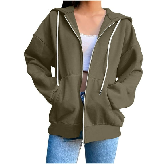 nerohusy Zip Hoodie Women Long Sleeve Oversized Hooded Sweatshirts Basic Solid Fleece Y2K Sport Jacket Pockets 2025 Army Green,XXL
