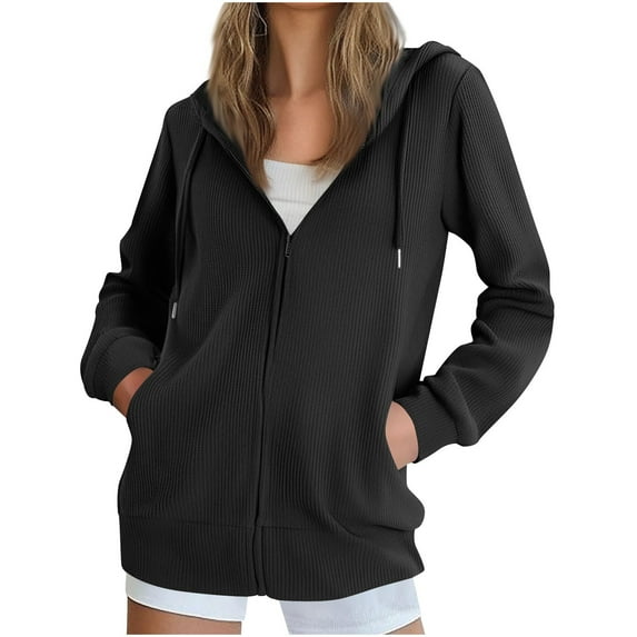 nerohusy Zip Hoodie Women Waffle Knit Sweater Oversized Comfort Lightweight Hooded Sweatshirt Jacket Coat with Pockets Black,XXL