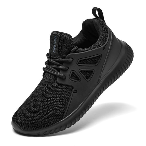 okilol Boys Girls Shoes Kids Lightweight Slip in Sneakers Lace-up School Running Athletic Sports Shoes All Black Size 6 US Big Kid