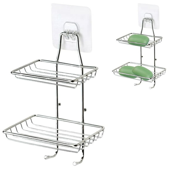 neszzmir 2 Tier Soap Dish for Shower, Wall Mounted Stainless Steel Soap Bar Holder with Hooks & Razor Holder, Rustproof Adhesive Soap Tray Rack for Bathroom Organization