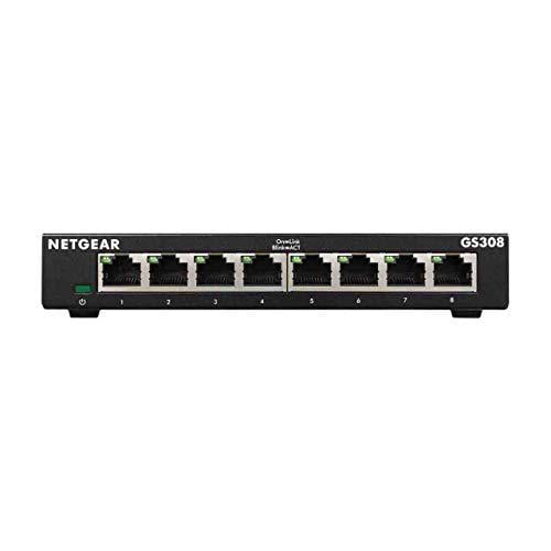 netgear gs308 8-port gigabit ethernet network switch, hub, internet splitter, desktop, sturdy metal, fanless, plug and play