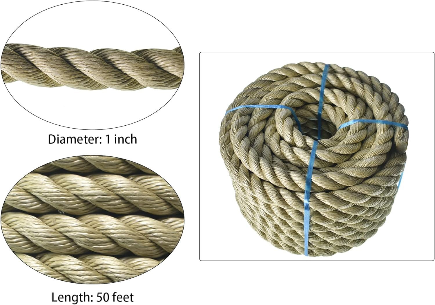 Golberg 3 Strand Natural Fiber Tan Manila Rope Available in Many Sizes &  Lengths
