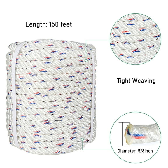 "netuera 5/8In x 150FT Double Braid Polyester Arborist Bull Rope | Rigging Hoisting Line Utility Rope | High Strength Tree Rope,White with Blue & Red Tracers"