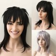 thumbnail image 1 of nevermindyrhead Black Mullet Wig, Shoulder Length Straight Rocker Punk Fancy Party Wig with Fringe Bangs, 1 of 7