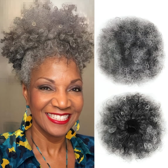 nevermindyrhead Gray Afro Puff Drawstring Ponytail Hair Extension for Black Women,Short Synthetic Afro Puff Ponytail for Natural Hair, Clip On Kinky Drawstring Curly Ponytail Bun