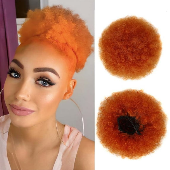 nevermindyrhead Orange Afro Puff Drawstring Ponytail Hair Extension for Black Women,Short Synthetic Afro Puff Ponytail for Natural Hair, Clip On Kinky Drawstring Curly Ponytail Bun