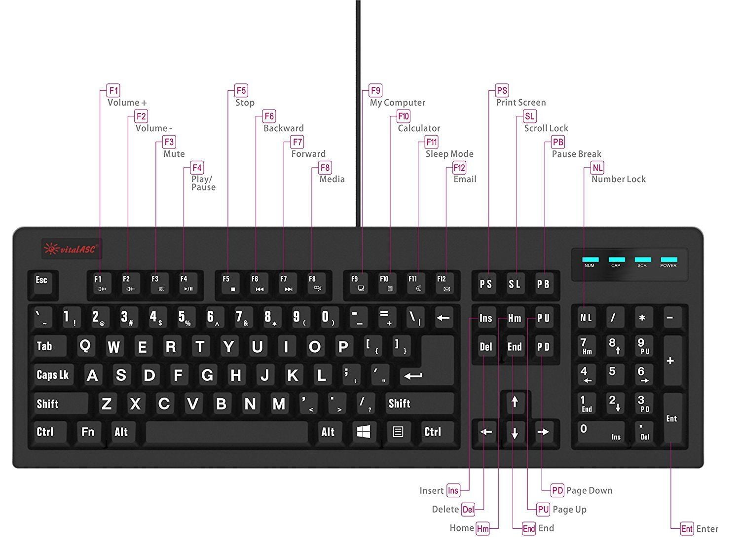 vitalASC Large Print USB Black Keyboard with Large Keys and Anti ...