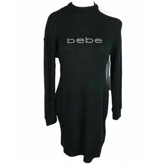 new BEBE women dress sweater 5CN04211BB high neck open shoulder black sz S $69