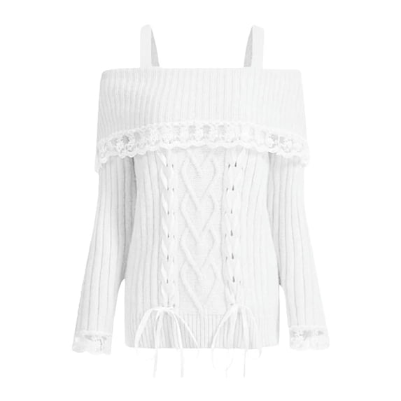 new autumn and winter women's lace knitted sweater Y2K boat neck pullover sweater lace-up long-sleeved sweater-White-L