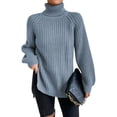 thumbnail image 1 of new autumn and winter women's sweaters long-sleeved turtleneck sweaters slit hem sweaters pullover sweaters-Light Blue-M, 1 of 7