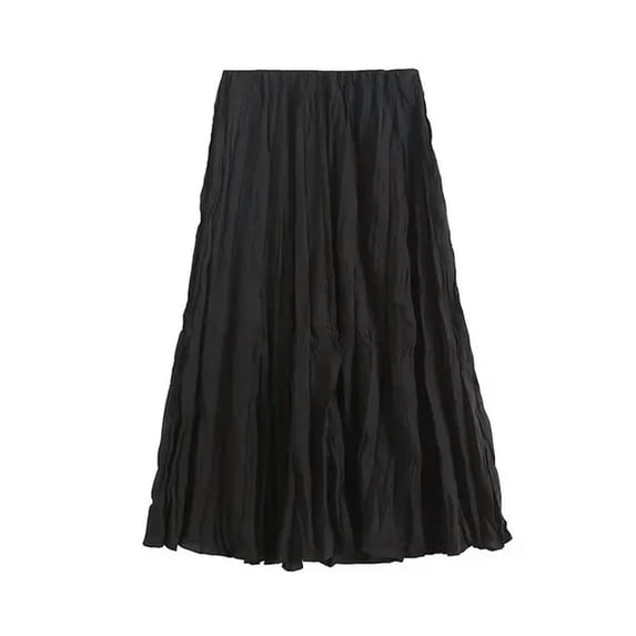 new autumn high-waisted slimming pleated mid-length large-swing A-line skirt for women-Black-L