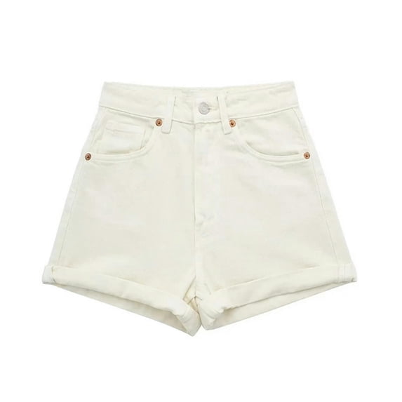 new summer women's fashionable casual versatile high-waisted loose and comfortable denim shorts-White-S