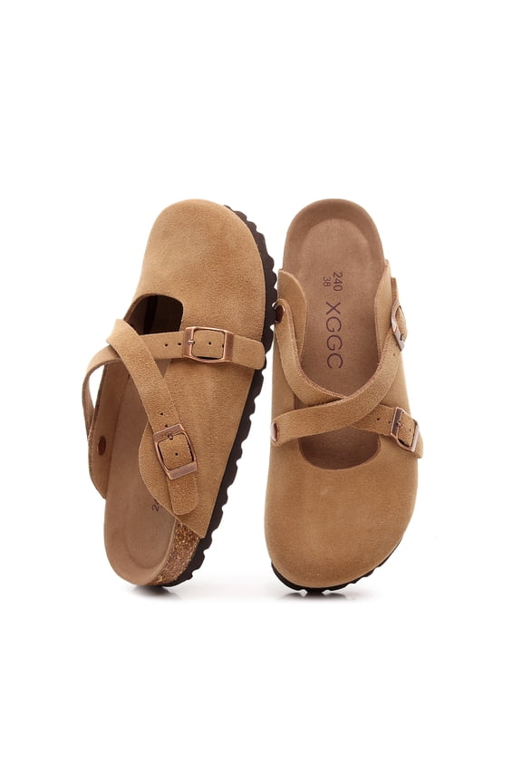 new women's buckle clogs and mules potato shoes cross strap sandals soft sole genuine leather slippers lazy shoes