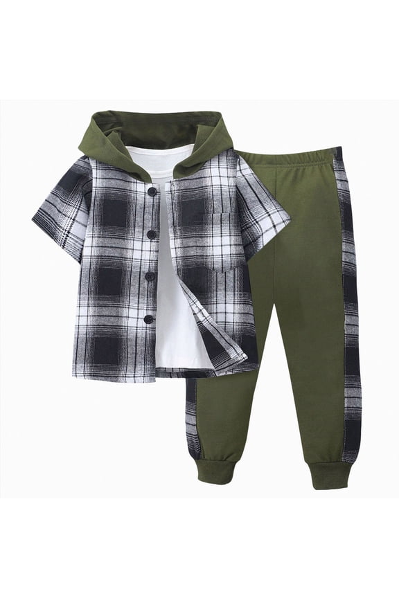 2Pcs Boys Clothes Outfits Plaid Short Sleeve Hooded Button Shirt and Jogger Pants for Kids Spring Summer Pants Set(Army Green, 6-7 Years)