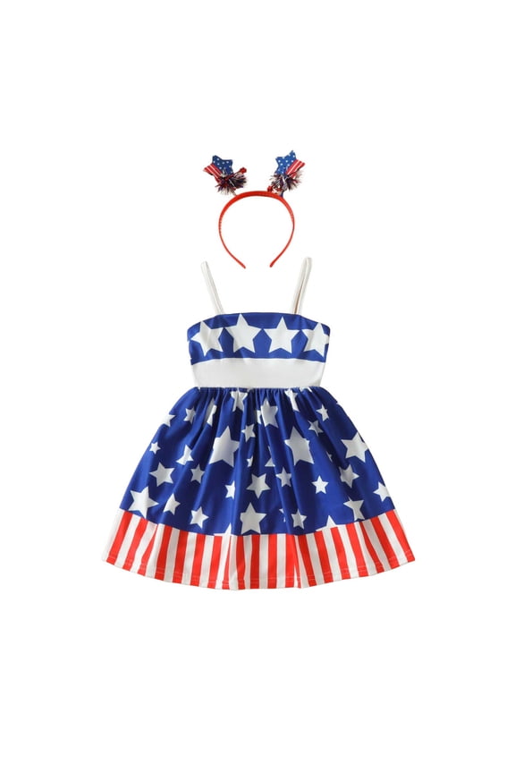 4th Of July Baby Girl Outfits Independence Day Toddler Dress Stripe Star Blue for Size 4-5 Years
