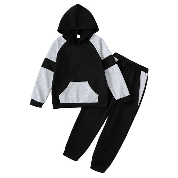 newwalpole 5-11Y Boys Clothes Long Sleeve Hooded Pullover Colorblock Sweatshirt + Pants 2pcs Fall Winter Outfit Set Black for Size 8-9 Years