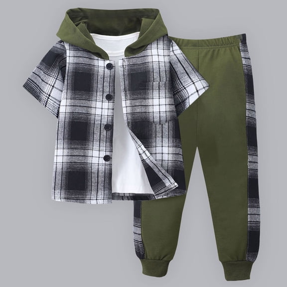 newwalpole 5T Boy Clothes 6T Boys Clothes Toddler Boys Clothes - Button Plaid Hoodie Jacket & Sweatpants Sets - 2 Pieces Boys Clothes Outfits Amry Green for Size 7-8 Years