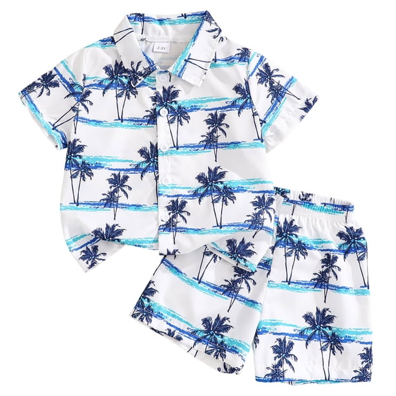 newwalpole 7-14 Years Boys Clothes 2 Piece Outfits Hawaiian Vacation Beach Short Sleeve Button Down Shirt and Shorts Sets White for Size 5-6 Years