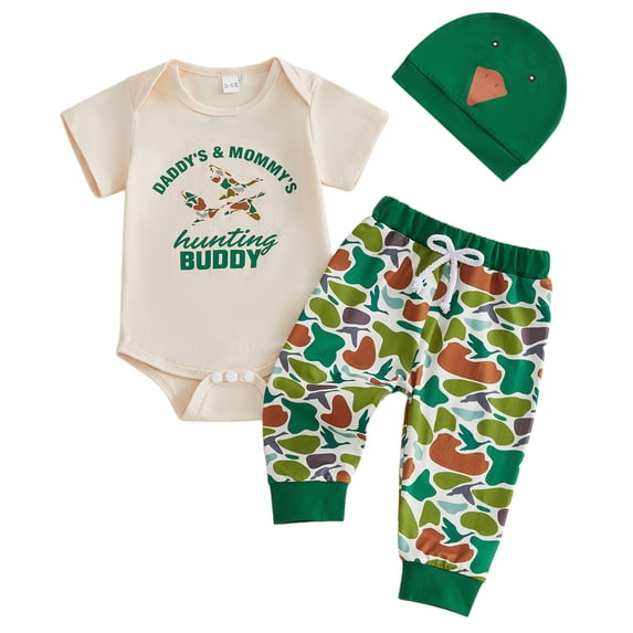 newwalpole Baby Boy Summer Clothes Daddy’s & Mommy’s Hunting Buddy Short Sleeve Romper Camouflage Pants Hat Set Beige for Size 6-9 Months
