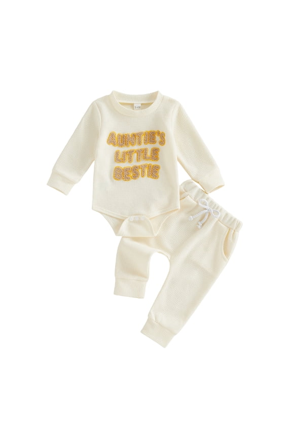 Baby Clothes Gender Neutral Baby Boy Girl Embroidery Waffle Sweatshirt Bodysuit Romper Pant Fall Outfit White for Size 3-6 Months