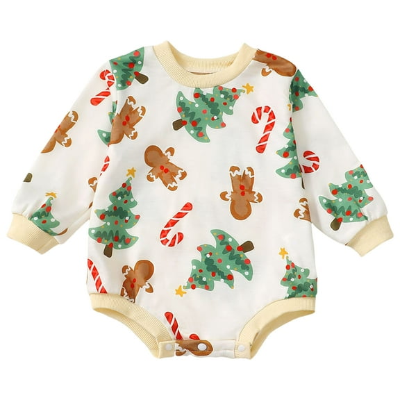 newwalpole Baby Girl Boy Christmas Clothes Letter Print Sweatshirt Romper Infant Long Sleeve Bubble Romper Winter Outfit Beige for Size 9-12 Months