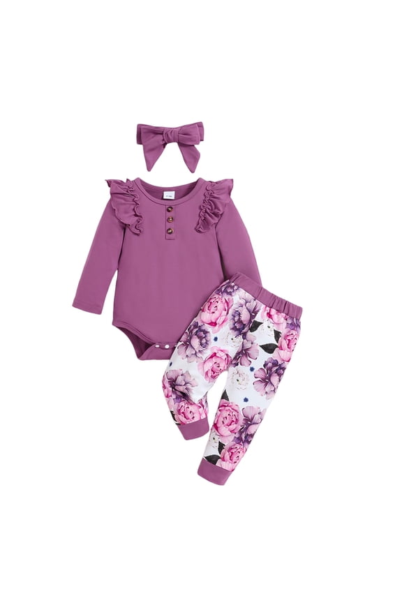 Baby Girl Clothes Newborn Infant Outfits Ruffle Romper+ Floral Pants + Cute Headband Sets for Girls Purple for Size 9-12 Months