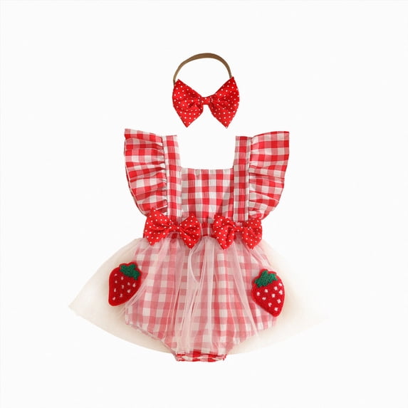 newwalpole Baby Girl Clothes Summer Outfit Newborn Strawberry Bow Ruffle Sleeveless Tulle Romper Dress Cute Infant Onesie (Red, 12-18 Months)