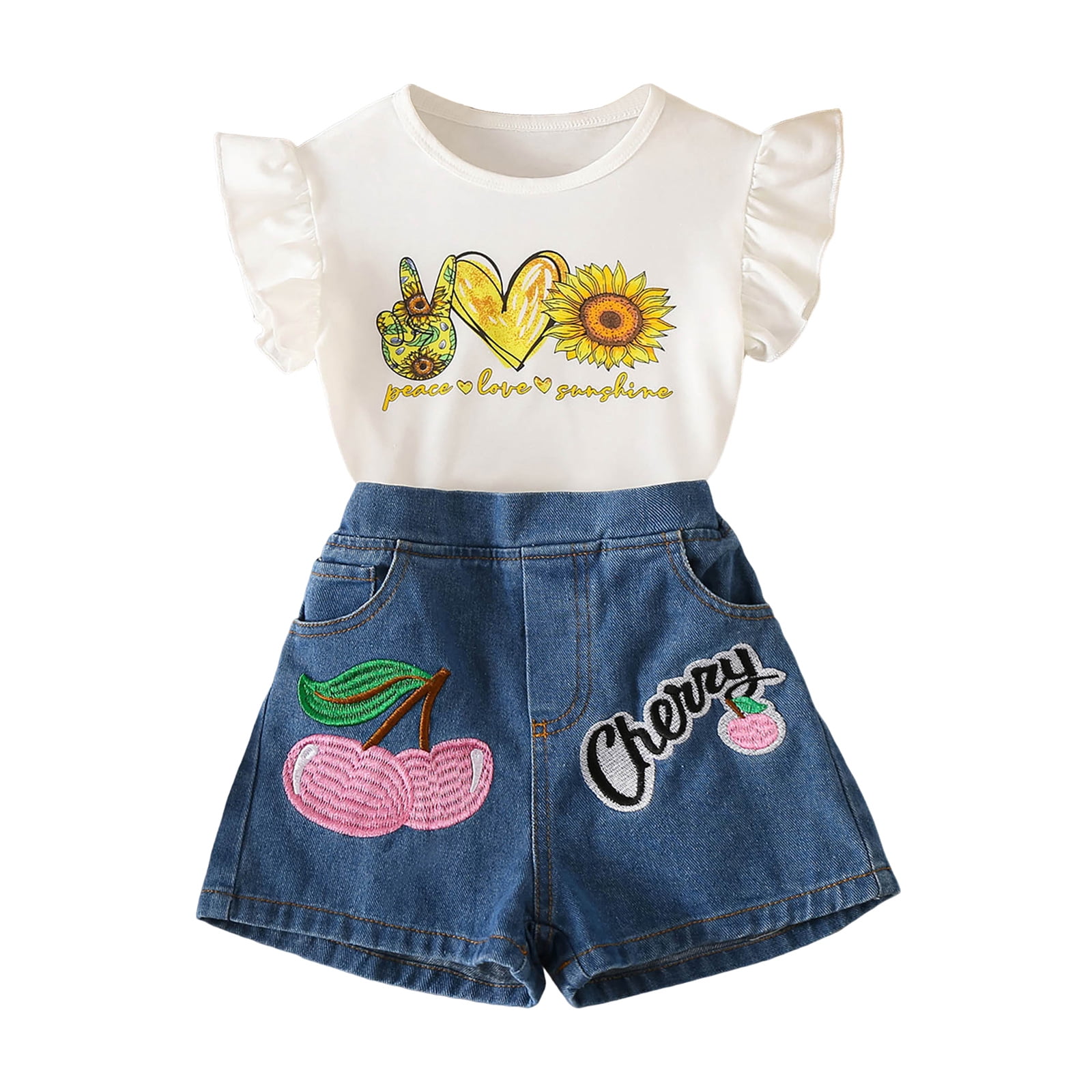newwalpole Baby Girl Clothes Toddler Girl Summer Outfits Shirts Tops Ripped Denim Shorts Set Little Girl Clothes Yellow for Size 9-10 Years