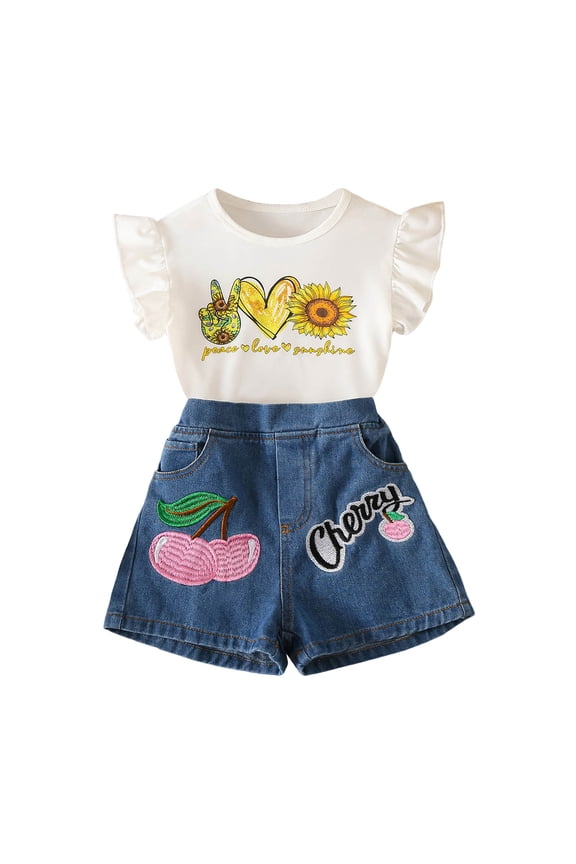 Baby Girl Clothes Toddler Girl Summer Outfits Shirts Tops Ripped Denim Shorts Set Little Girl Clothes Yellow for Size 9-10 Years