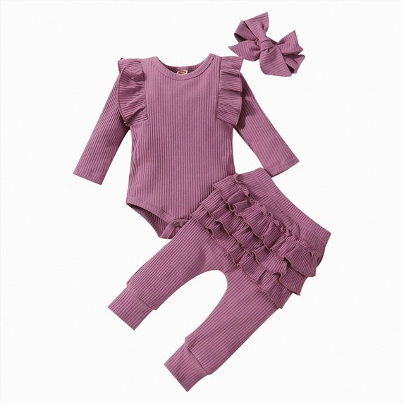 newwalpole Baby Girl Clothes Newborn Romper Long Sleeve Infant Outfits 3Pcs Ruffle Tops + Pants + Headband (Purple, 6-12 Months)