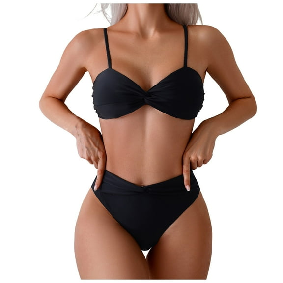 newwalpole Bikini Set for Women Solid V Neck Knot Front Push Up High Leg Thong Two Piece Swimsuit Black for Size XL