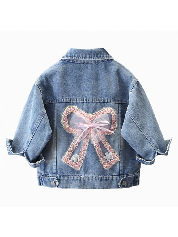 Bow Jean Jacket for Girls Toddler Kids Lace Cute Denim Outwear Retro School Lightweight Buttons Long Sleeve Pocket Coat(Pink,2-3 Years)