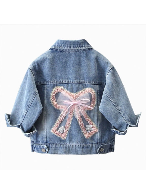 Bow Jean Jacket for Girls Toddler Kids Lace Cute Denim Outwear Retro School Lightweight Buttons Long Sleeve Pocket Coat(Pink,2-3 Years)